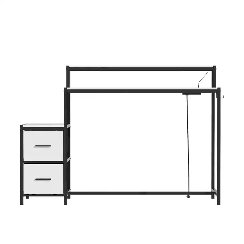 Bureau de jeu LED Famapy, avec cadre en métal, prise de courant intégrée, tiroirs et double plateau surélevé