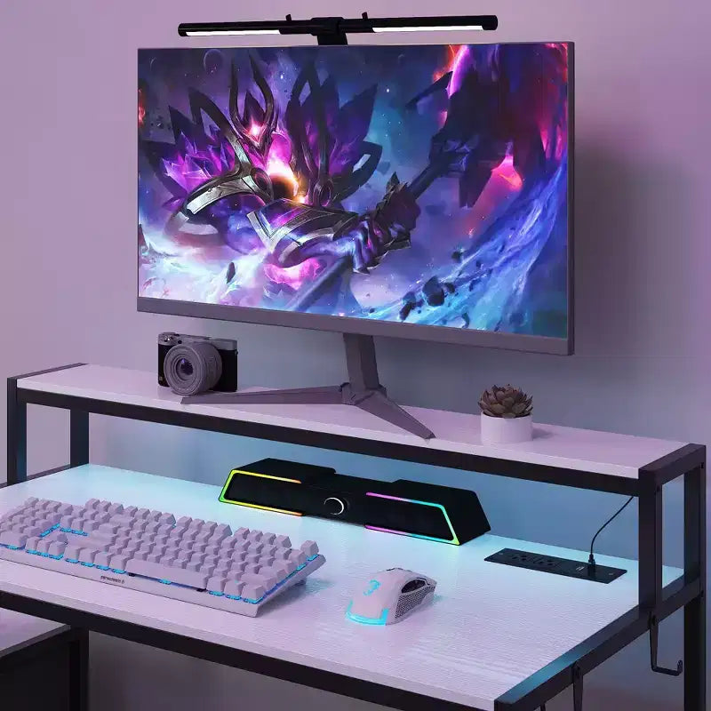 Bureau de jeu LED Famapy, avec cadre en métal, prise de courant intégrée, tiroirs et double plateau surélevé