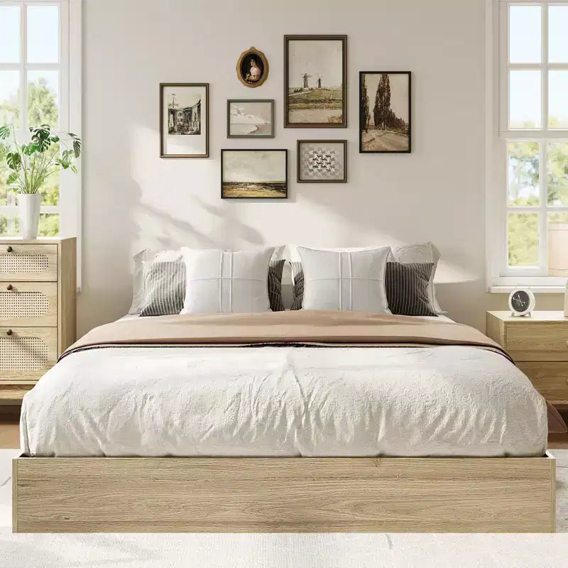 Wooden Bed Frame Without Headboard, Wood Slat Support,No Box Spring Needed, Easy Assembly