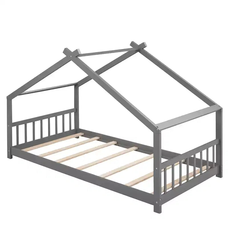 Lit de sol Montessori Bellemave, taille double, avec tête et pied de lit, gris