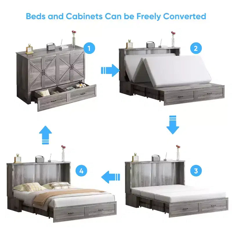 Lit escamotable moderne Queen Size Mjkone avec ports USB, tiroirs et matelas de 12 cm