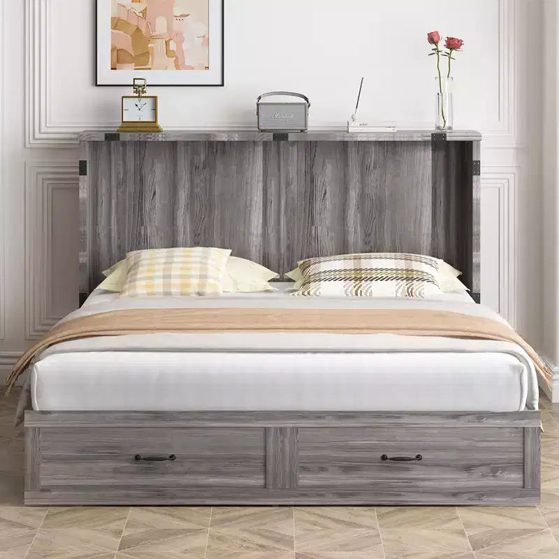 Lit escamotable moderne Queen Size Mjkone avec ports USB, tiroirs et matelas de 12 cm