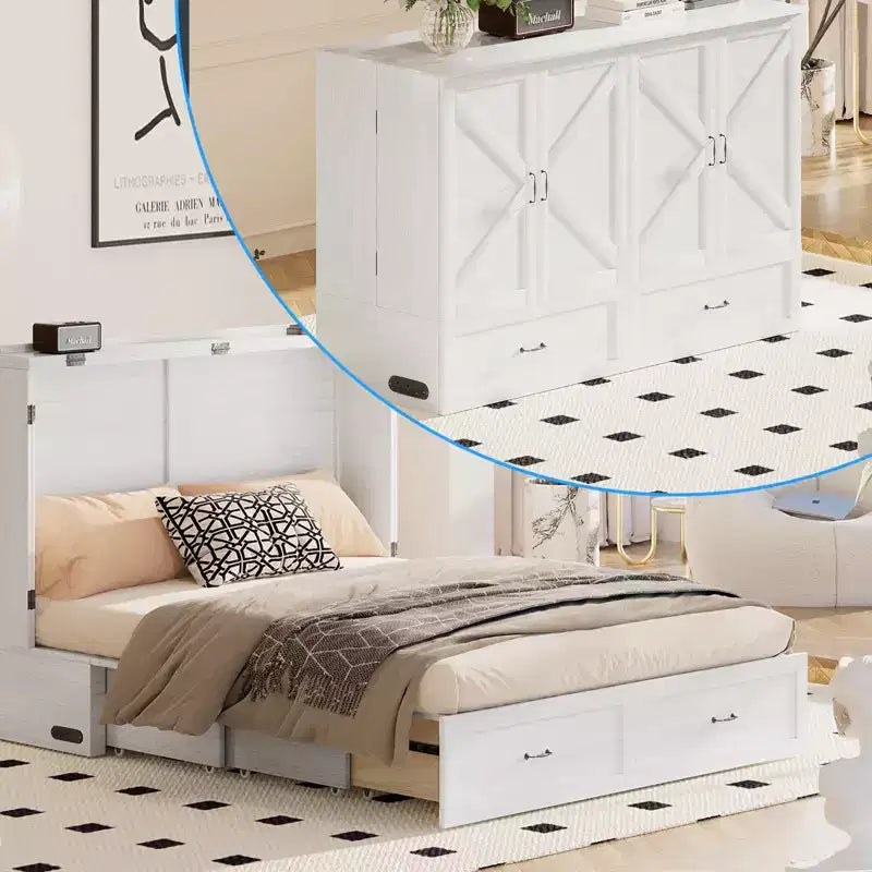 Lit escamotable moderne Queen Size Mjkone avec ports USB, tiroirs et matelas de 12 cm