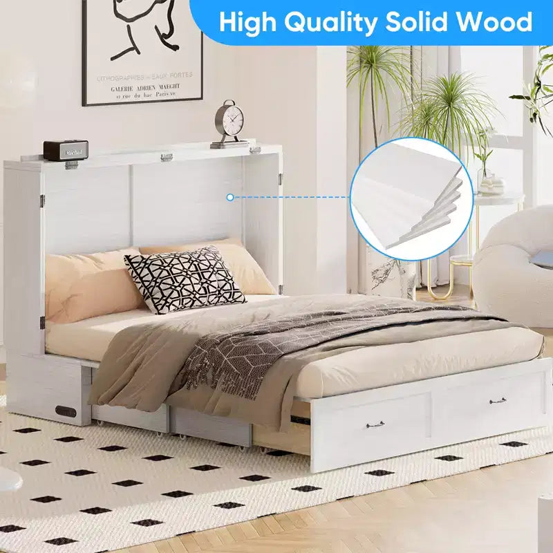 Lit escamotable moderne Queen Size Mjkone avec ports USB, tiroirs et matelas de 12 cm