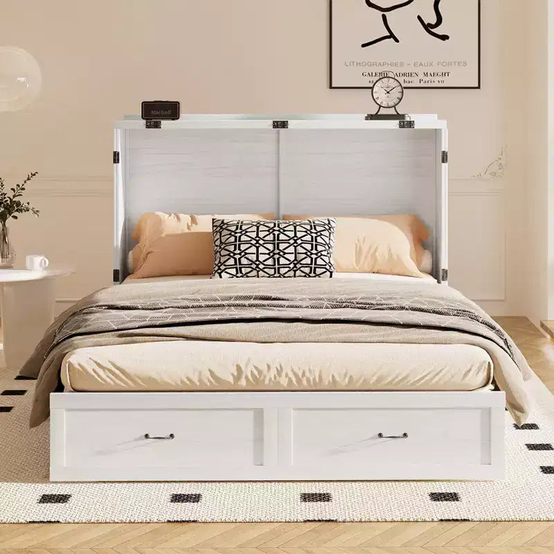 Lit escamotable moderne Queen Size Mjkone avec ports USB, tiroirs et matelas de 12 cm