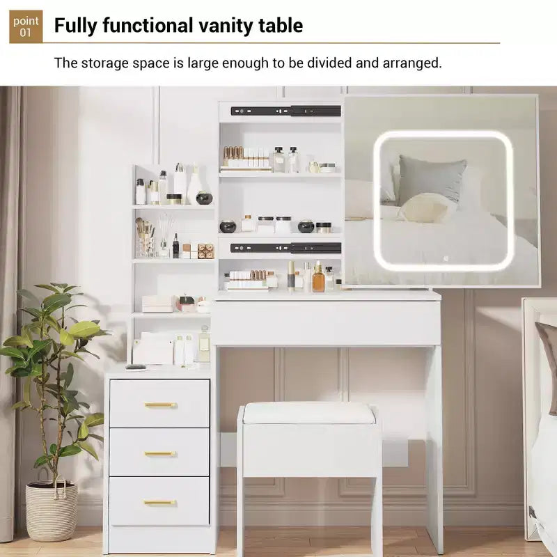 Coiffeuse avec miroir coulissant, coiffeuse avec miroir, coiffeuse avec lumière réglable 3 couleurs et 4 tiroirs, tabouret, blanc