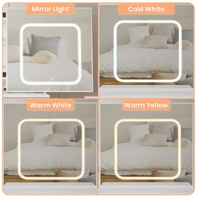 Coiffeuse avec miroir coulissant, coiffeuse avec miroir, coiffeuse avec lumière réglable 3 couleurs et 4 tiroirs, tabouret, blanc
