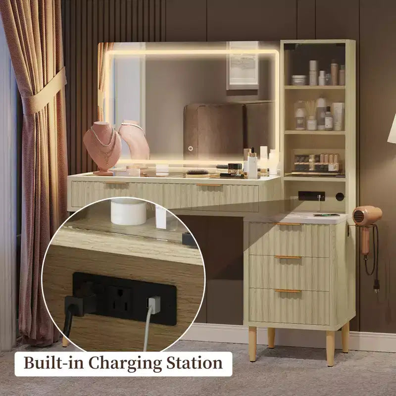 Coiffeuse avec lumières, coiffeuse en bois cannelé, coiffeuse moderne en verre, 5 tiroirs et 3 rangements, pour chambre à coucher