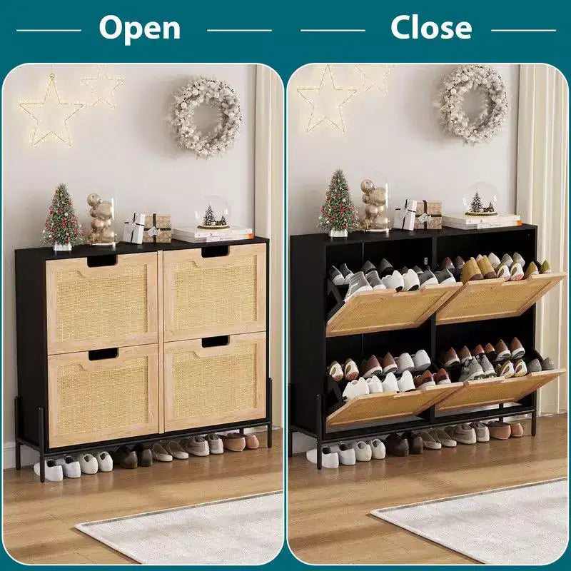 Meuble à chaussures avec 4 tiroirs - Meuble de rangement à chaussures avec panneaux cannelés et 3 niveaux de réglage