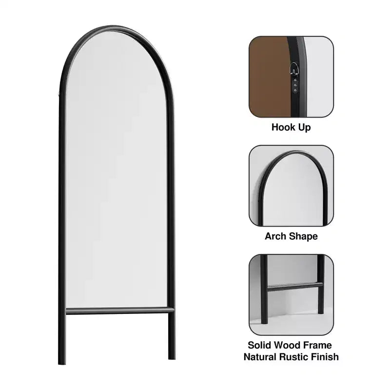 Miroir pleine longueur MAYEERTY en bois massif en forme d'arche noire 64x21x1 pouces sans support