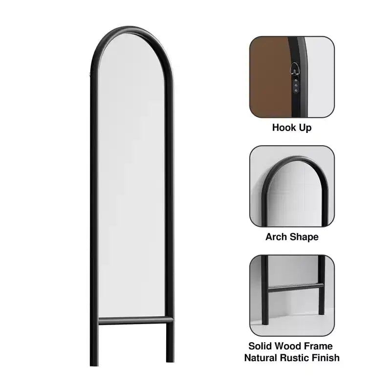 Miroir pleine longueur MAYEERTY en bois massif en forme d'arche noire 64x21x1 pouces sans support