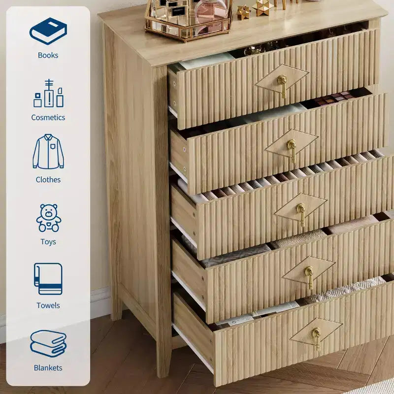 Commode à 5 tiroirs pour chambre à coucher, commode en bois de 81 cm de large avec poignées en métal, organisateur de rangement à cannelures, table de chevet étroite