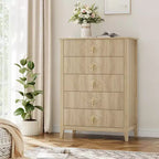Commode à 5 tiroirs pour chambre à coucher, commode en bois de 81 cm de large avec poignées en métal, organisateur de rangement à cannelures, table de chevet étroite