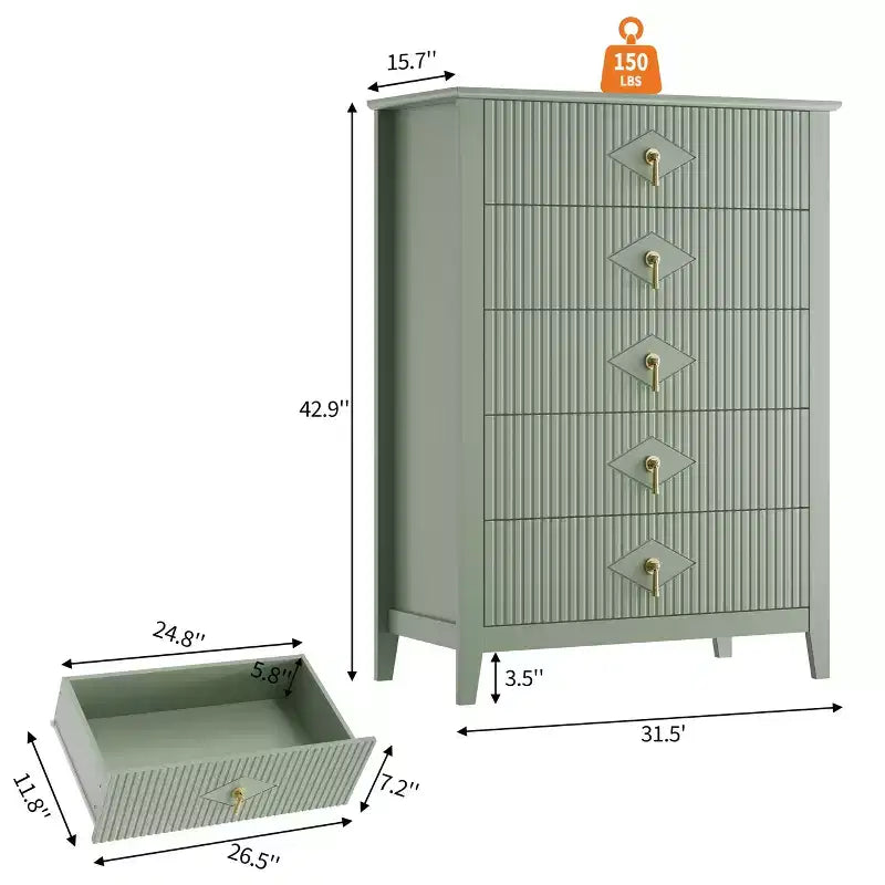 Commode à 5 tiroirs pour chambre à coucher, commode en bois de 81 cm de large avec poignées en métal, organisateur de rangement à cannelures, table de chevet étroite