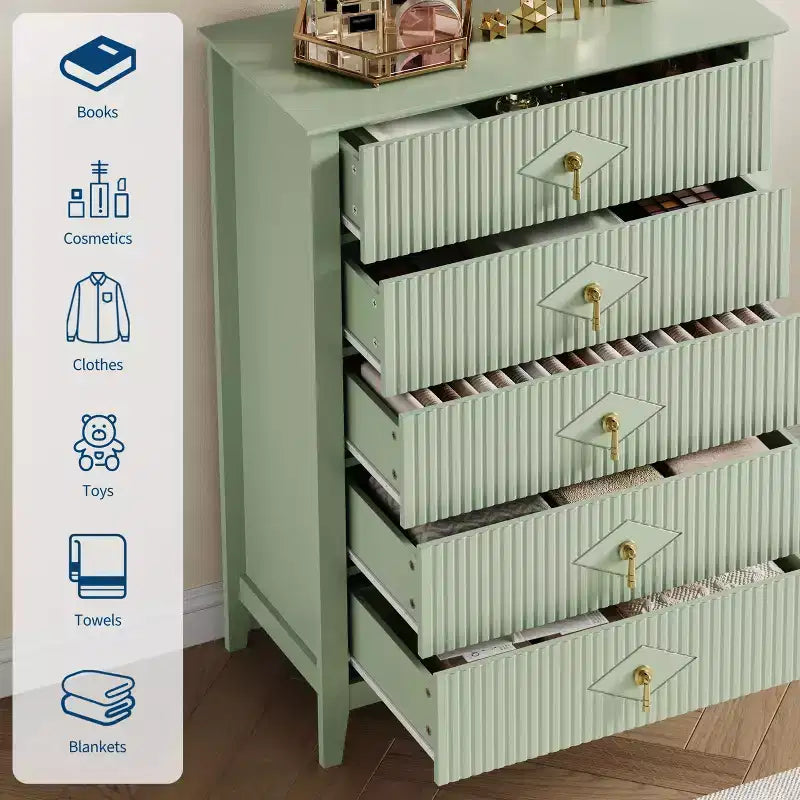 Commode à 5 tiroirs pour chambre à coucher, commode en bois de 81 cm de large avec poignées en métal, organisateur de rangement à cannelures, table de chevet étroite