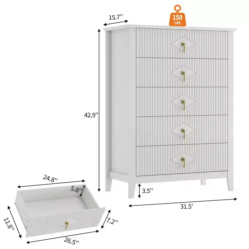 Commode à 5 tiroirs pour chambre à coucher, commode en bois de 81 cm de large avec poignées en métal, organisateur de rangement à cannelures, table de chevet étroite