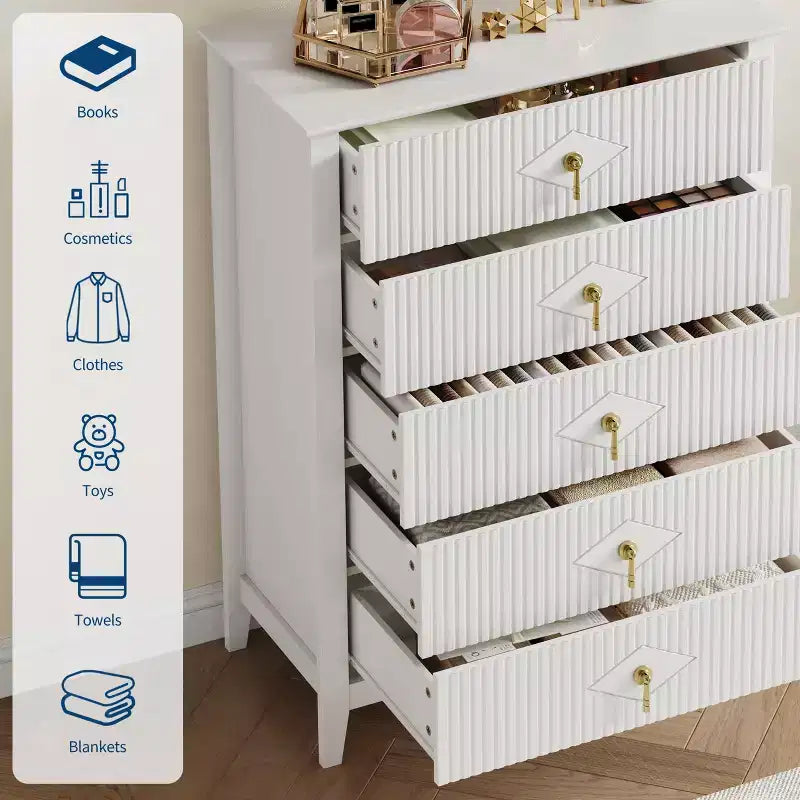 Commode à 5 tiroirs pour chambre à coucher, commode en bois de 81 cm de large avec poignées en métal, organisateur de rangement à cannelures, table de chevet étroite