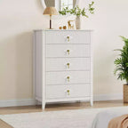 Commode à 5 tiroirs pour chambre à coucher, commode en bois de 81 cm de large avec poignées en métal, organisateur de rangement à cannelures, table de chevet étroite