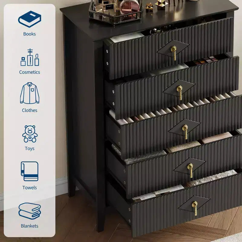 Commode à 5 tiroirs pour chambre à coucher, commode en bois de 81 cm de large avec poignées en métal, organisateur de rangement à cannelures, table de chevet étroite
