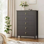 5 Drawer Dresser for Bedroom, 32W Wooden Chest of Drawers with Metal Handles, Fluted Clothes Storage Organizer, Dresser Narrow Nightstand