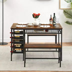 Ensemble table de salle à manger TRINITY pour 4 personnes, ensemble table de cuisine pour 4 personnes avec 2 bancs, ensemble table de salle à manger rectangulaire avec porte-bouteilles et étagères de rangement