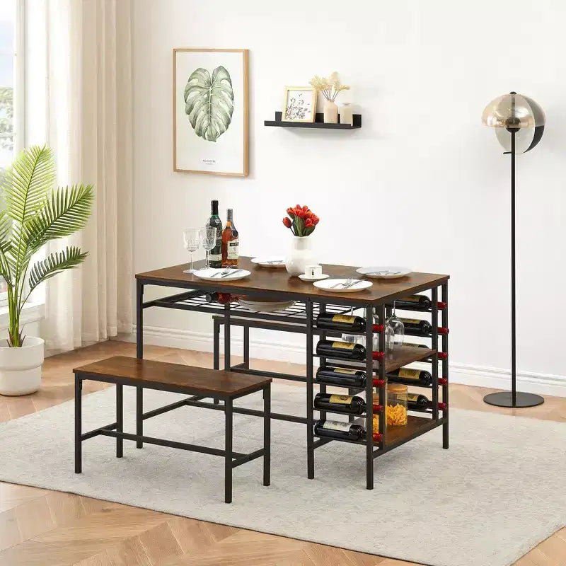 Ensemble table de salle à manger TRINITY pour 4 personnes, ensemble table de cuisine pour 4 personnes avec 2 bancs, ensemble table de salle à manger rectangulaire avec porte-bouteilles et étagères de rangement