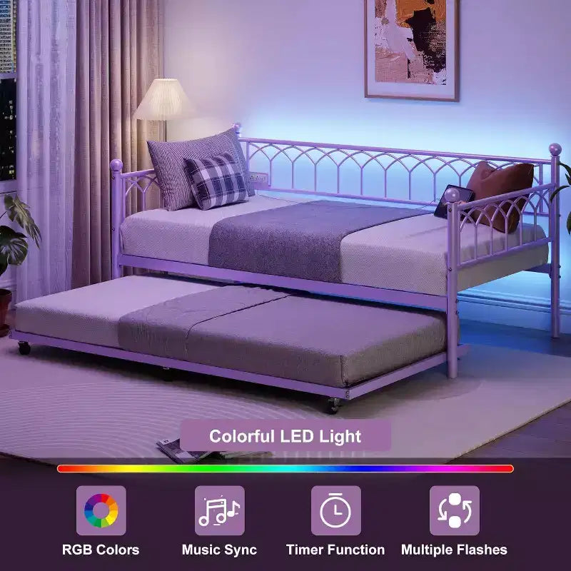 Cadre de lit de repos Acekool double avec lit gigogne, lit-canapé plateforme en métal avec station de recharge, lit d'appoint peu encombrant pour chambre, salon