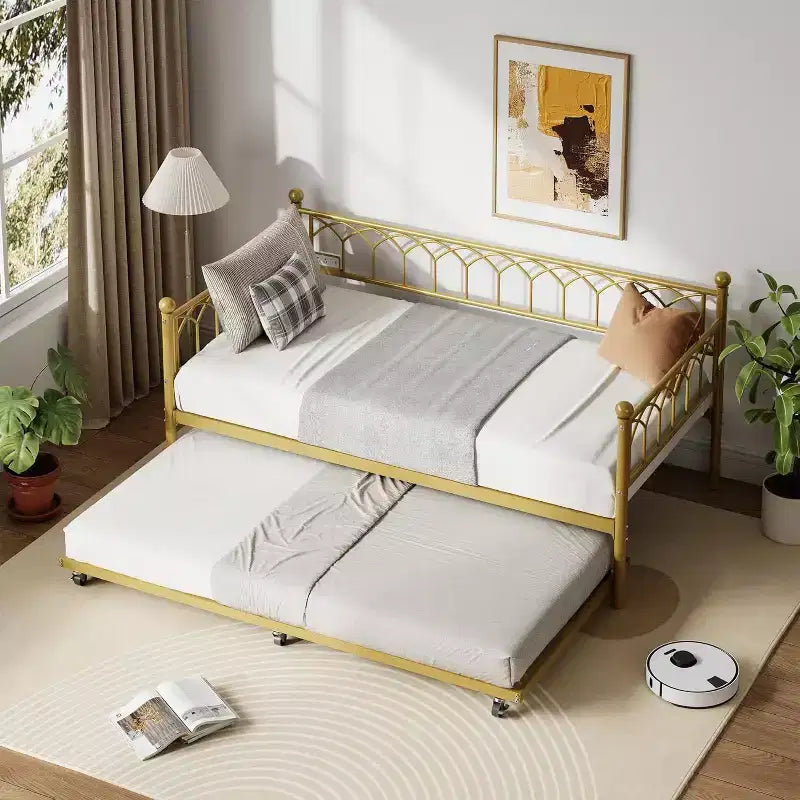 Cadre de lit de repos Acekool double avec lit gigogne, lit-canapé plateforme en métal avec station de recharge, lit d'appoint peu encombrant pour chambre, salon