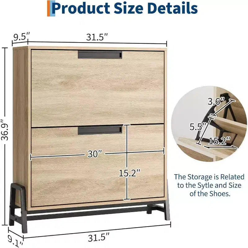 Meuble à chaussures Acekool Oak - Organisateur de rangement à 2 tiroirs basculants avec pieds en métal pour entrée et couloir