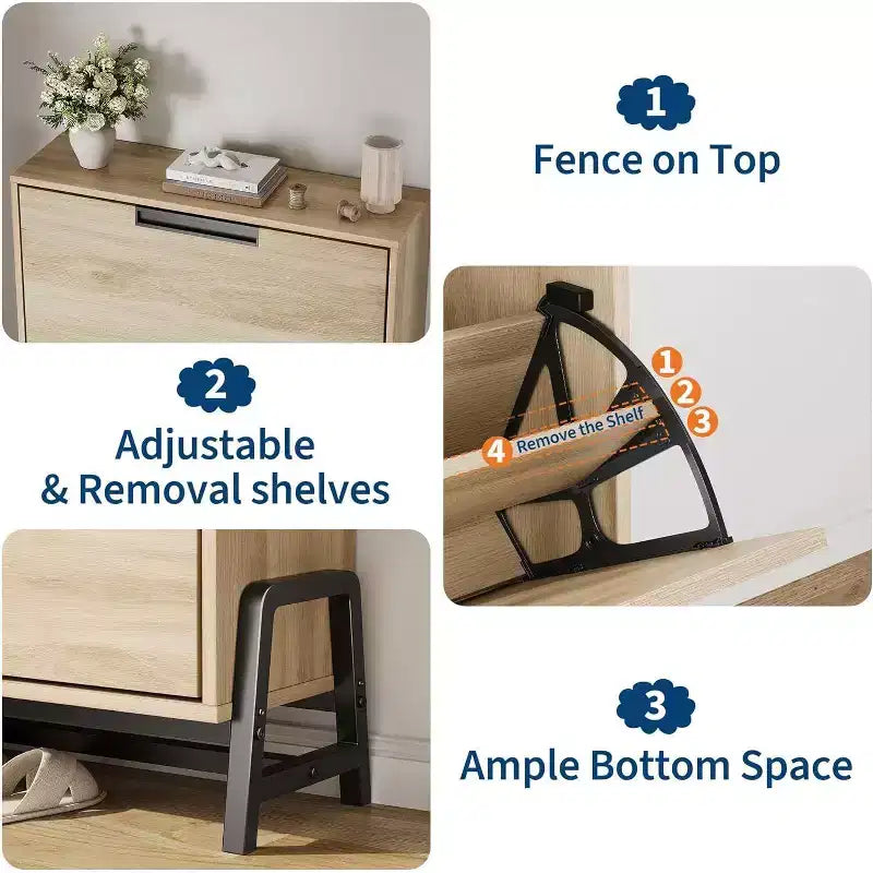 Meuble à chaussures Acekool Oak - Organisateur de rangement à 2 tiroirs basculants avec pieds en métal pour entrée et couloir