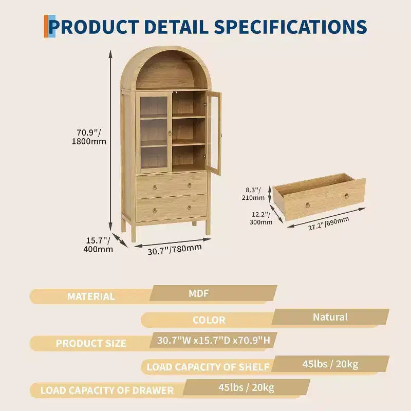 Acekool Meuble de rangement voûté, 71 po Style ferme avec portes vitrées et 2 tiroirs, étagères réglables pour cuisine, salle à manger, salle de bain