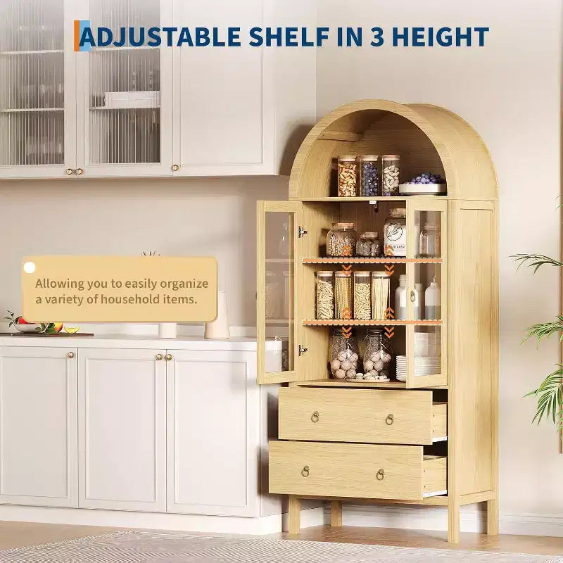 Acekool Meuble de rangement voûté, 71 po Style ferme avec portes vitrées et 2 tiroirs, étagères réglables pour cuisine, salle à manger, salle de bain