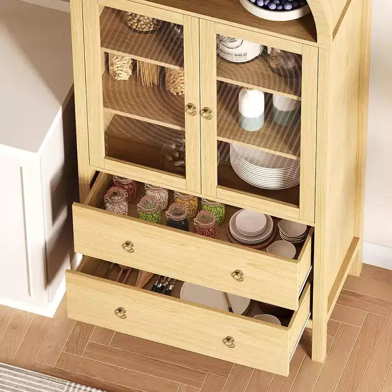 Acekool Meuble de rangement voûté, 71 po Style ferme avec portes vitrées et 2 tiroirs, étagères réglables pour cuisine, salle à manger, salle de bain