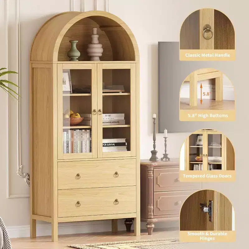 Acekool Meuble de rangement voûté, 71 po Style ferme avec portes vitrées et 2 tiroirs, étagères réglables pour cuisine, salle à manger, salle de bain