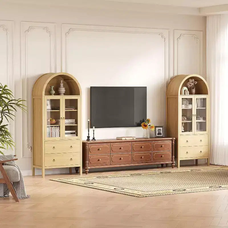 Acekool Meuble de rangement voûté, 71 po Style ferme avec portes vitrées et 2 tiroirs, étagères réglables pour cuisine, salle à manger, salle de bain