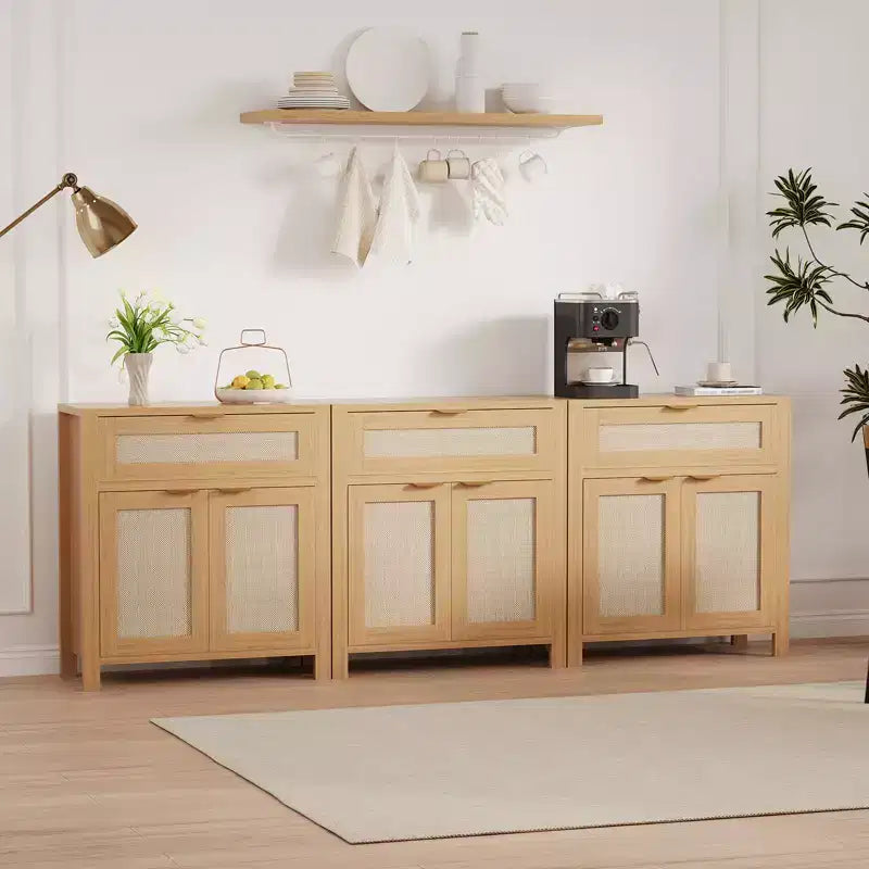 Bahut de rangement avec portes et tiroir, meuble de rangement en rotin avec étagères réglables, table console de bar pour salon ou cuisine