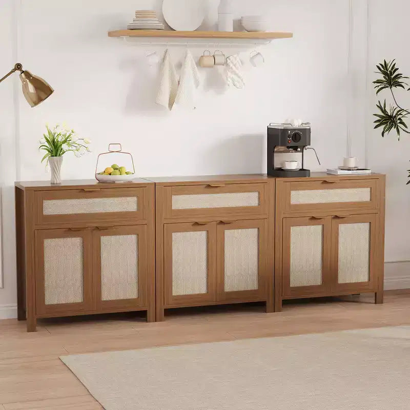 Bahut de rangement avec portes et tiroir, meuble de rangement en rotin avec étagères réglables, table console de bar pour salon ou cuisine