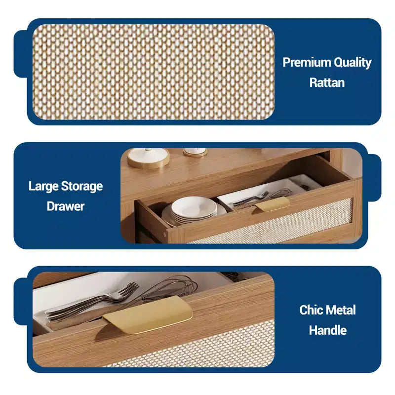 Bahut de rangement avec portes et tiroir, meuble de rangement en rotin avec étagères réglables, table console de bar pour salon ou cuisine