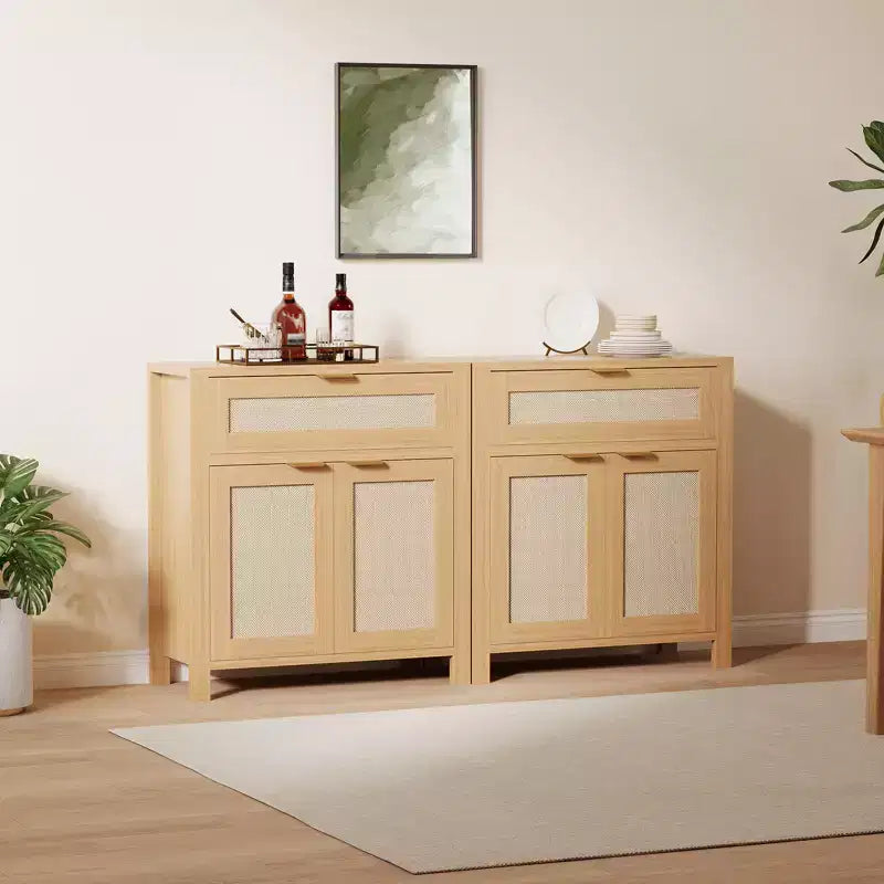 Bahut de rangement avec portes et tiroir, meuble de rangement en rotin avec étagères réglables, table console de bar pour salon ou cuisine