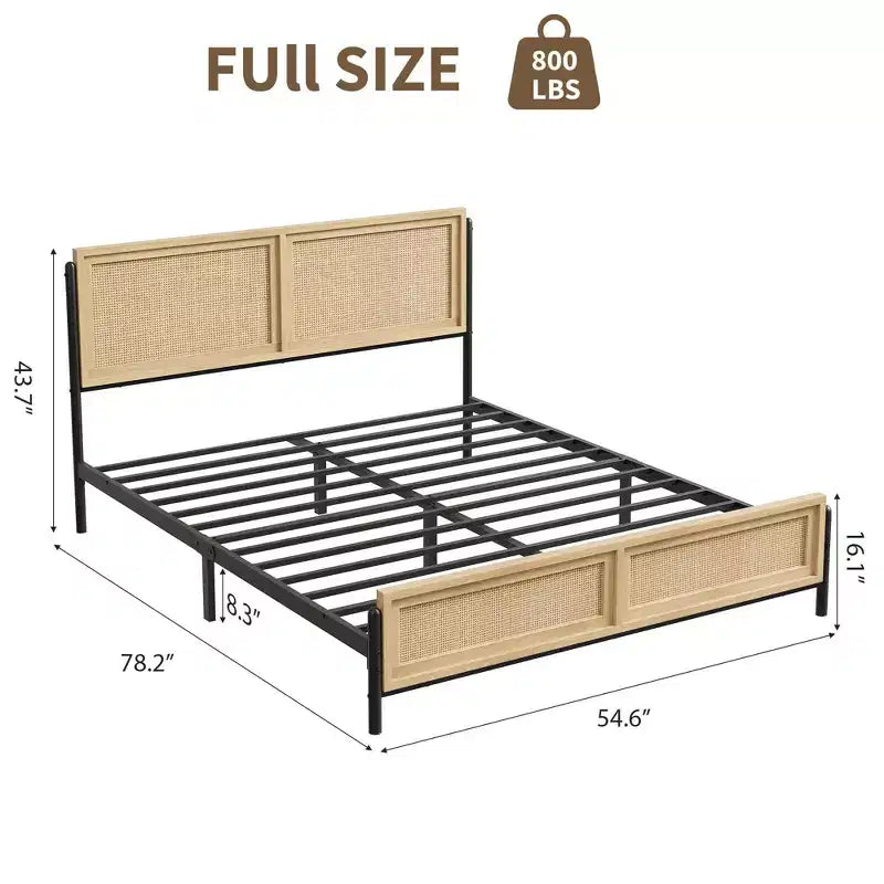 Cadre de lit Coolmee Boho double/grand/très grand avec tête et pied de lit en rotin naturel, lit plateforme en bois sans sommier tapissier requis, sans bruit