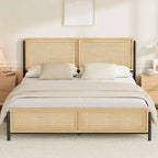 Cadre de lit Coolmee Boho double/grand/très grand avec tête et pied de lit en rotin naturel, lit plateforme en bois sans sommier tapissier requis, sans bruit