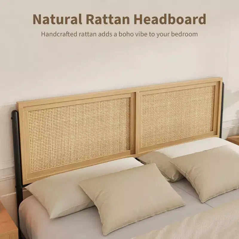 Cadre de lit Coolmee Boho double/grand/très grand avec tête et pied de lit en rotin naturel, lit plateforme en bois sans sommier tapissier requis, sans bruit