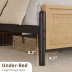 Cadre de lit Coolmee Boho double/grand/très grand avec tête et pied de lit en rotin naturel, lit plateforme en bois sans sommier tapissier requis, sans bruit