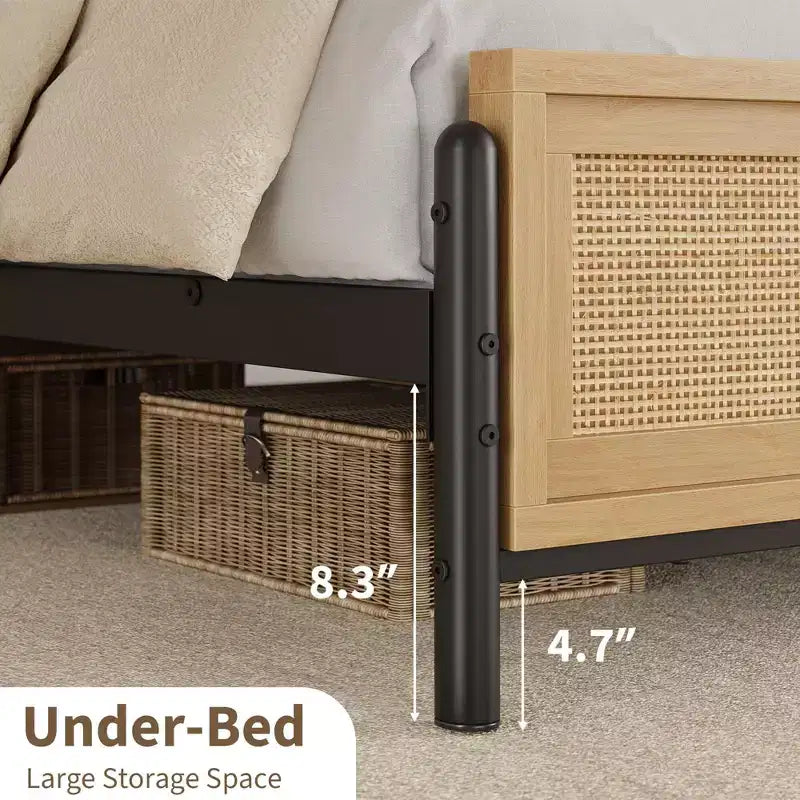 Cadre de lit Coolmee Boho double/grand/très grand avec tête et pied de lit en rotin naturel, lit plateforme en bois sans sommier tapissier requis, sans bruit