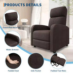 Fauteuil inclinable adulte confortable - Manuel, réglable, avec haut dossier, accoudoirs larges et poche latérale pour salon et cinéma maison