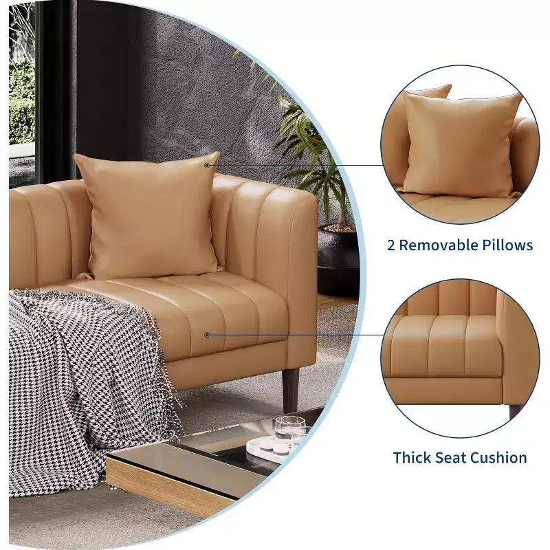 Canapé COZONY 78 en similicuir avec sièges profonds, canapé moderne 3 places avec oreillers et pieds en bois pour salon