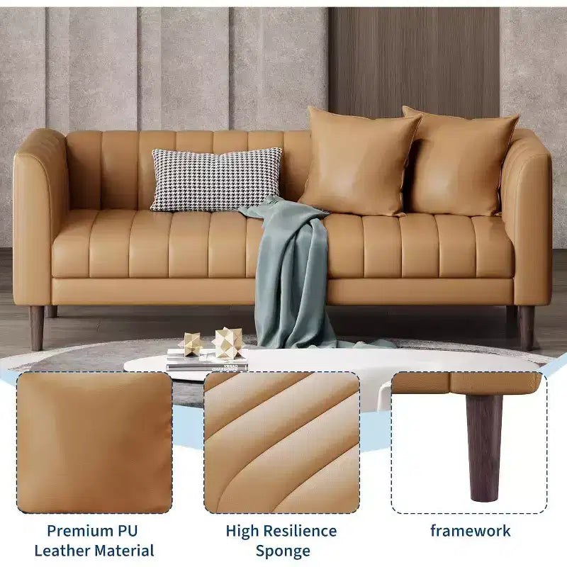 Canapé COZONY 78 en similicuir avec sièges profonds, canapé moderne 3 places avec oreillers et pieds en bois pour salon