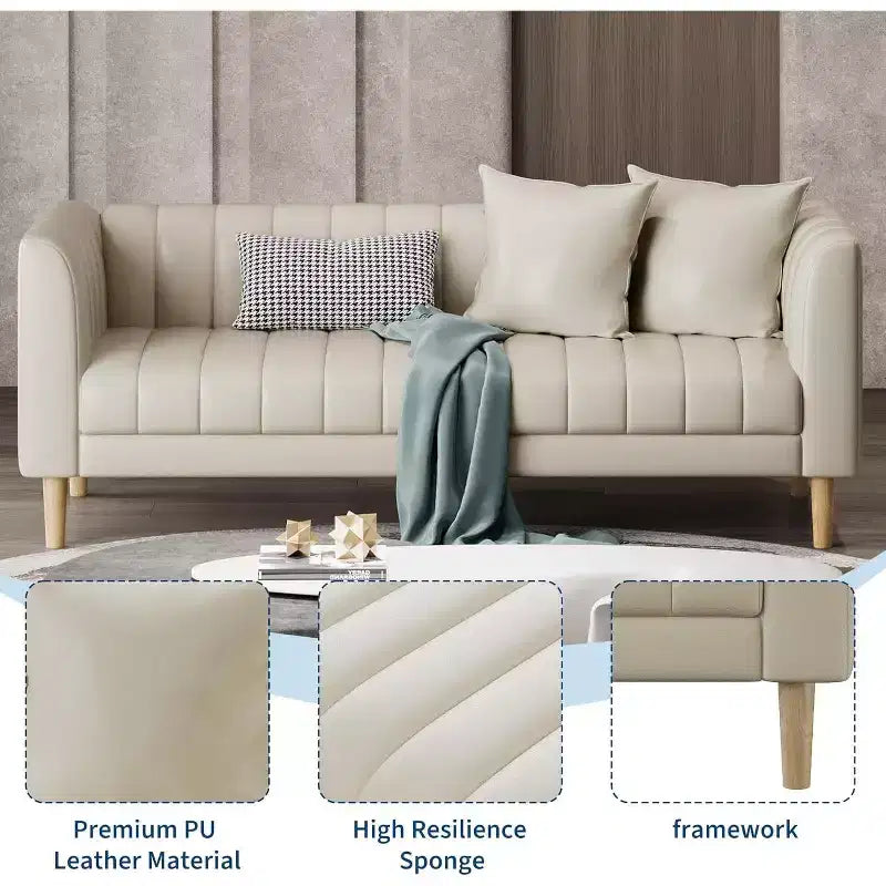 Canapé COZONY 78 en similicuir avec sièges profonds, canapé moderne 3 places avec oreillers et pieds en bois pour salon