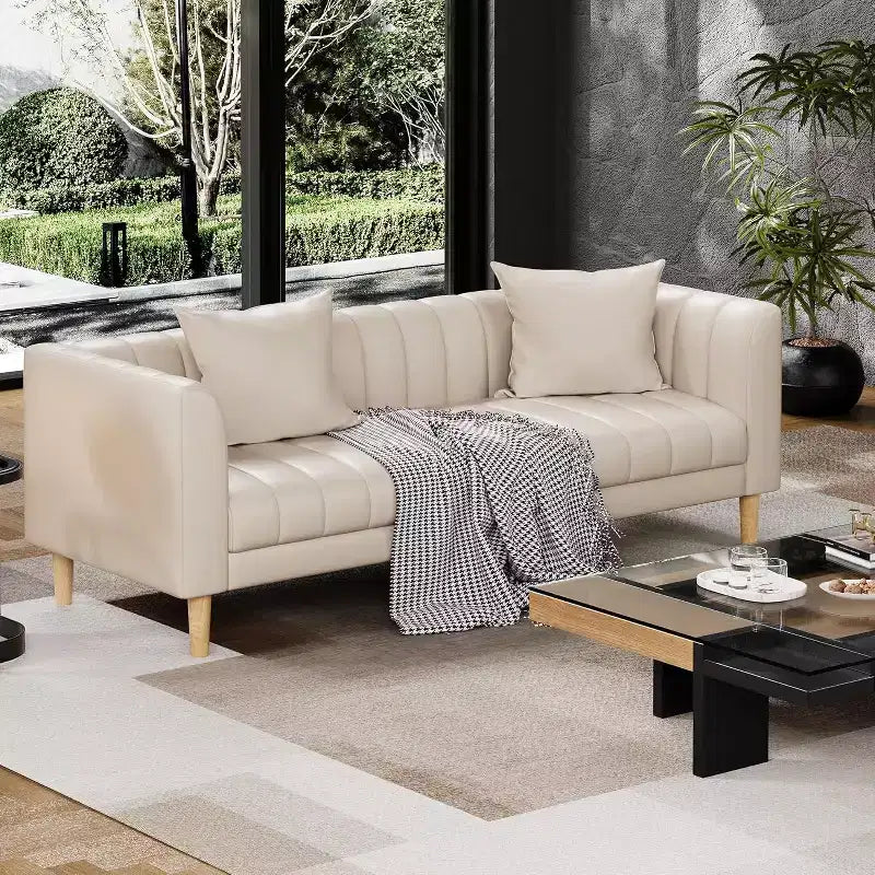 Canapé COZONY 78 en similicuir avec sièges profonds, canapé moderne 3 places avec oreillers et pieds en bois pour salon