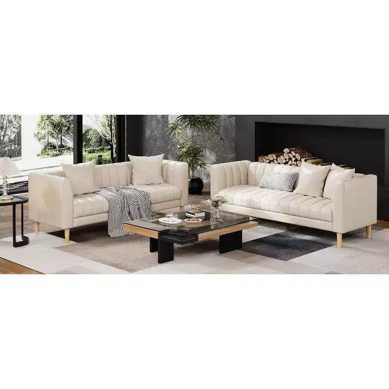 Canapé COZONY 78 en similicuir avec sièges profonds, canapé moderne 3 places avec oreillers et pieds en bois pour salon